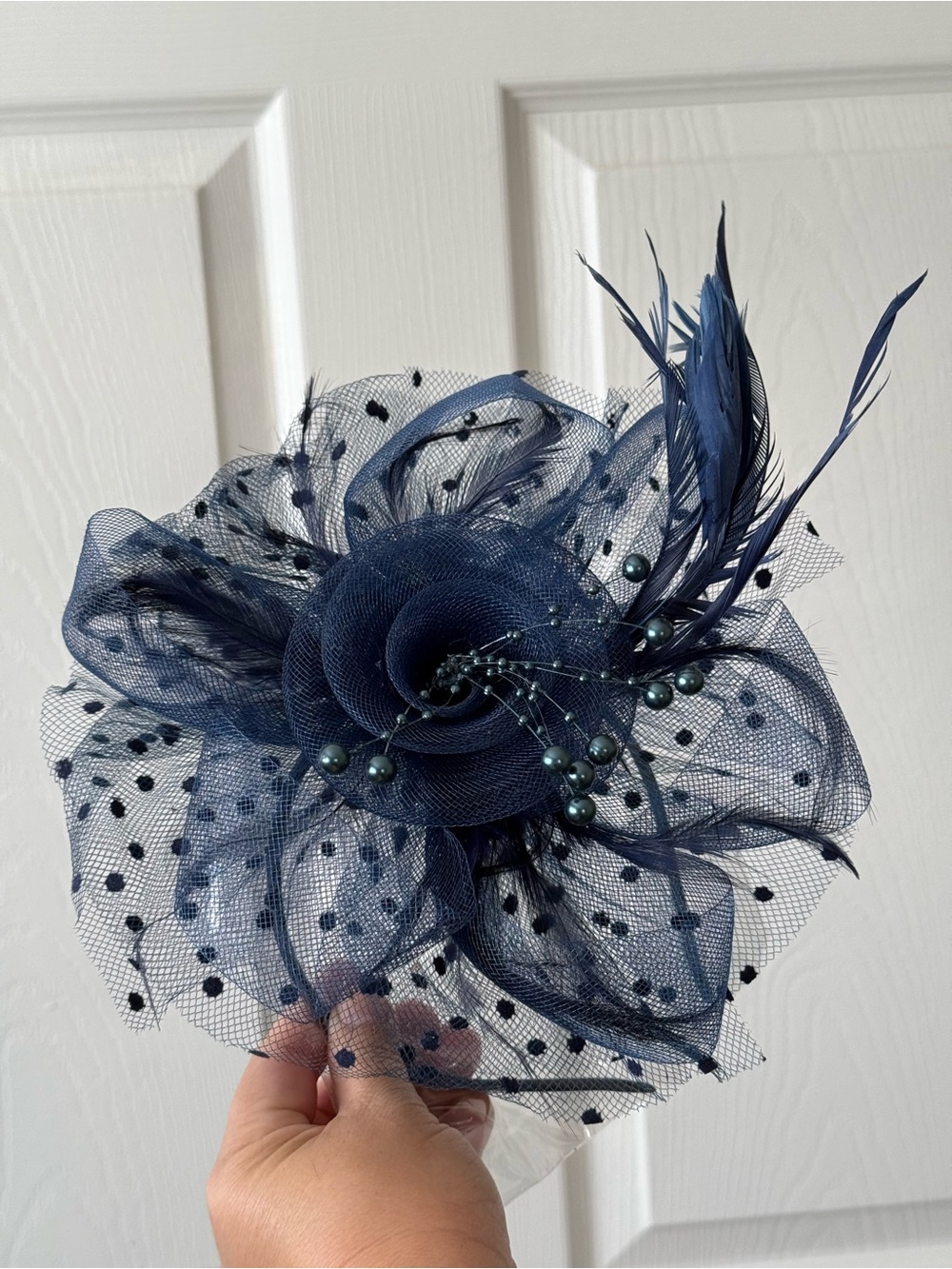 Navy Blue Polka Dot Fascinator Hat Headband Feather Mesh Cocktail Wedding